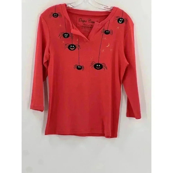 Onque Casuals Tops - Onque Casuals Top Women's Orange Halloween Spider V Neck Blouse Easy Wear SMALL